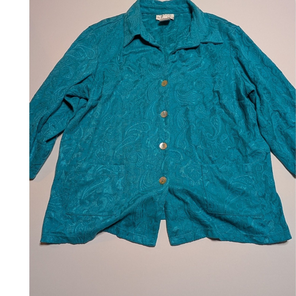 Susan Graver Style‎ Teal Paisley Jacquard Button Up Shirt Jacket Womens 1X Blue